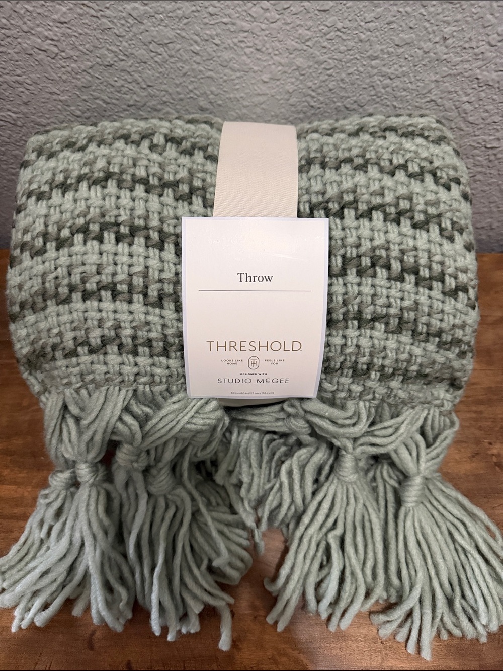 Threshold Studio McGee Sage Green & Olive Woven Fringe Throw 50”x60”. NEW